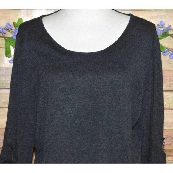 Calvin Klein Gray Roll Tab 3/4 Sleeve Ribbed Knit Silk Blend Top Sweater Size XL - Picture 2 of 8